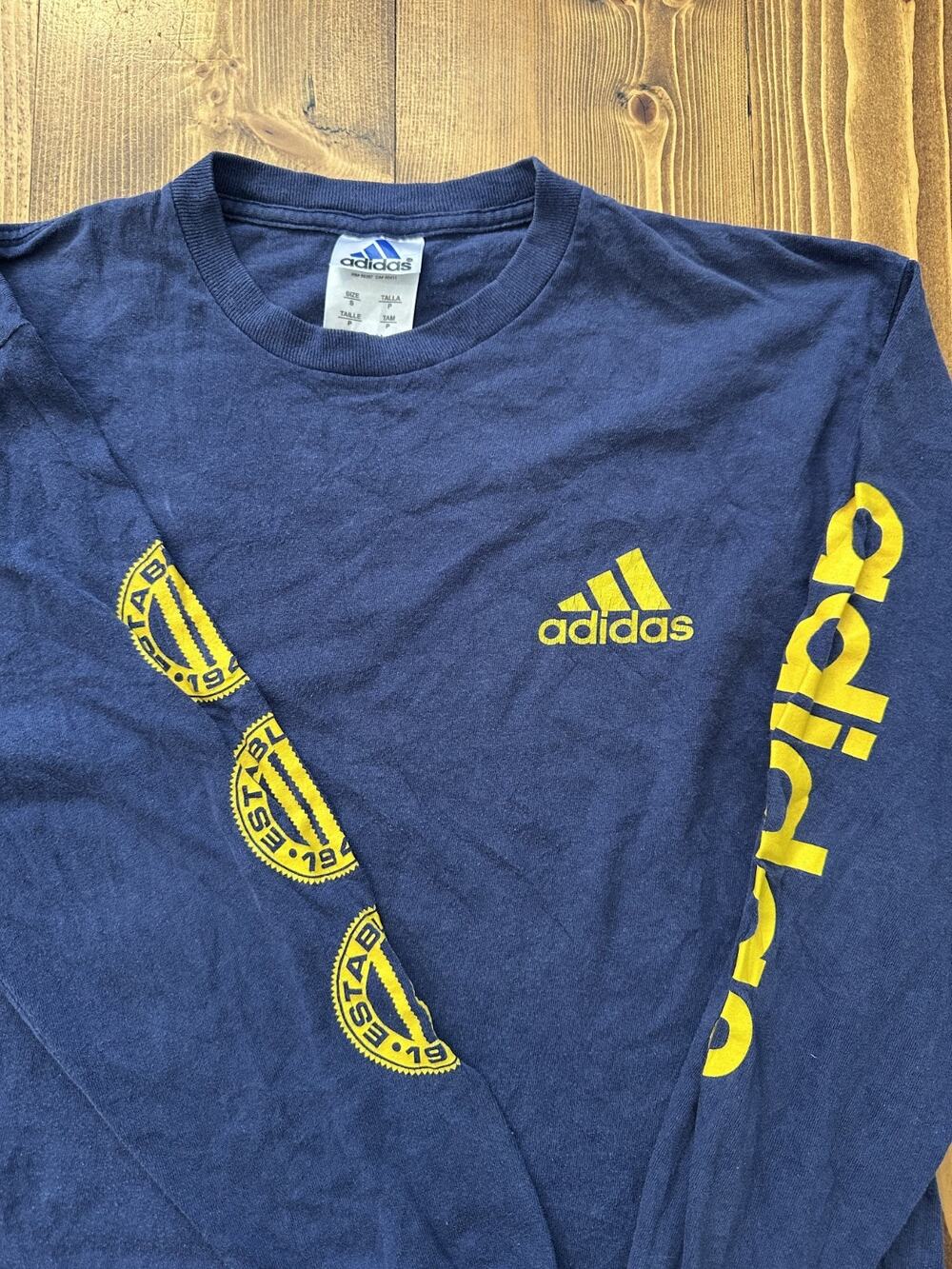 Vintage 90s Adidas Made in USA Navy Blue Long Sleeve Graphic Print Shirt S/M